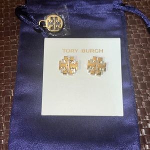 Tory Burch Earrings new never worn!! Gold and silver tory burch logo earring!